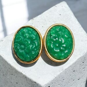 Vintage Molded Faux Jade Floral Clip Earrings